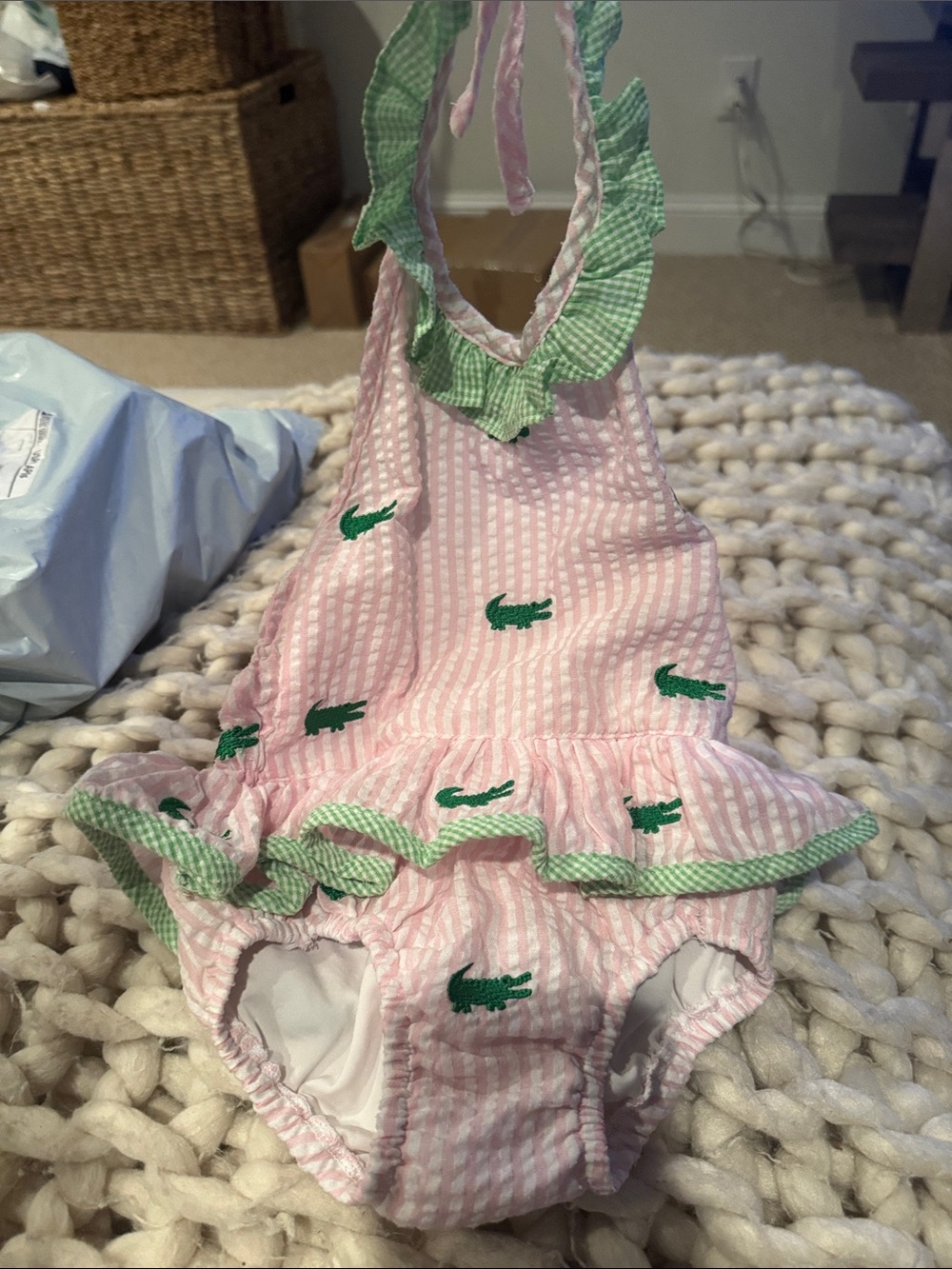 Lacoste Pink Seersucker with Green Crocodile Embroidery